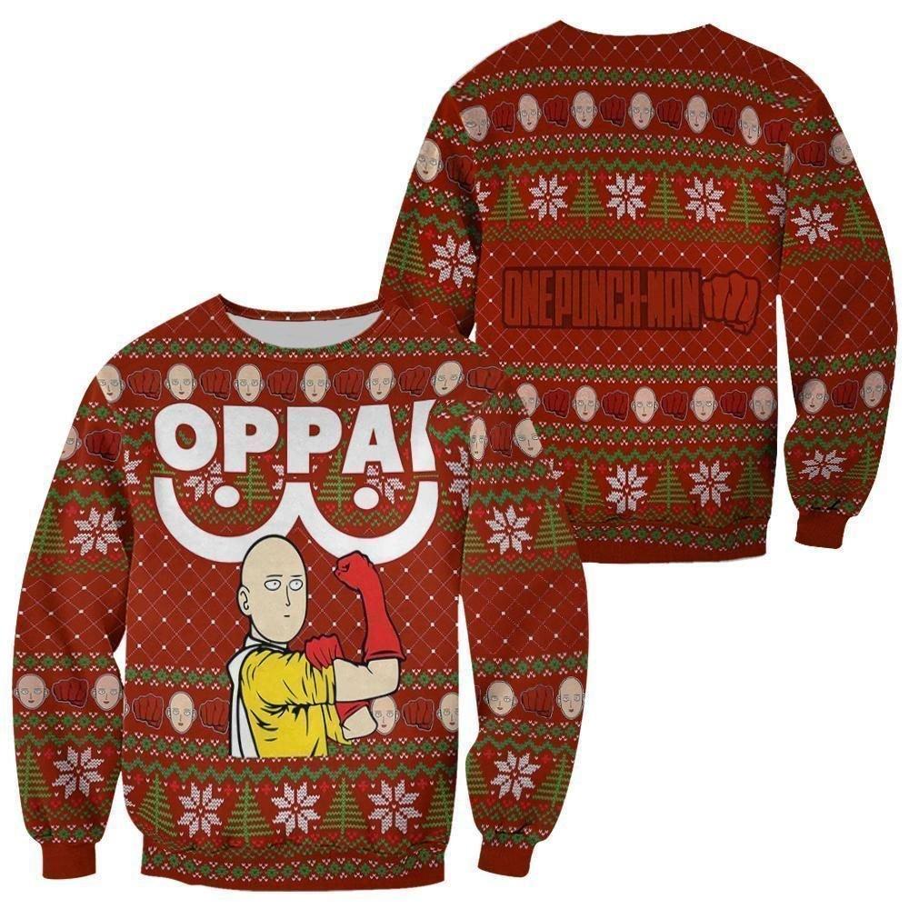 Saitama Oppai Ugly Christmas Sweater One Punch Man Anime Xmas