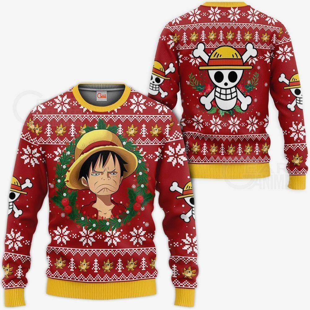 Luffy Ugly Christmas Sweater Funny Face One Piece Anime Xmas